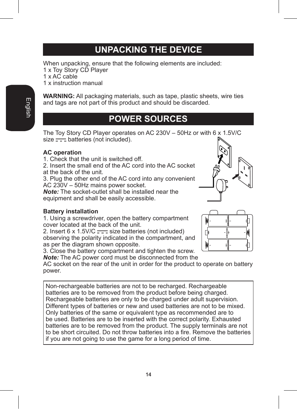 Power sources, Unpacking the device | Lexibook RCD200TS User Manual | Page 14 / 54