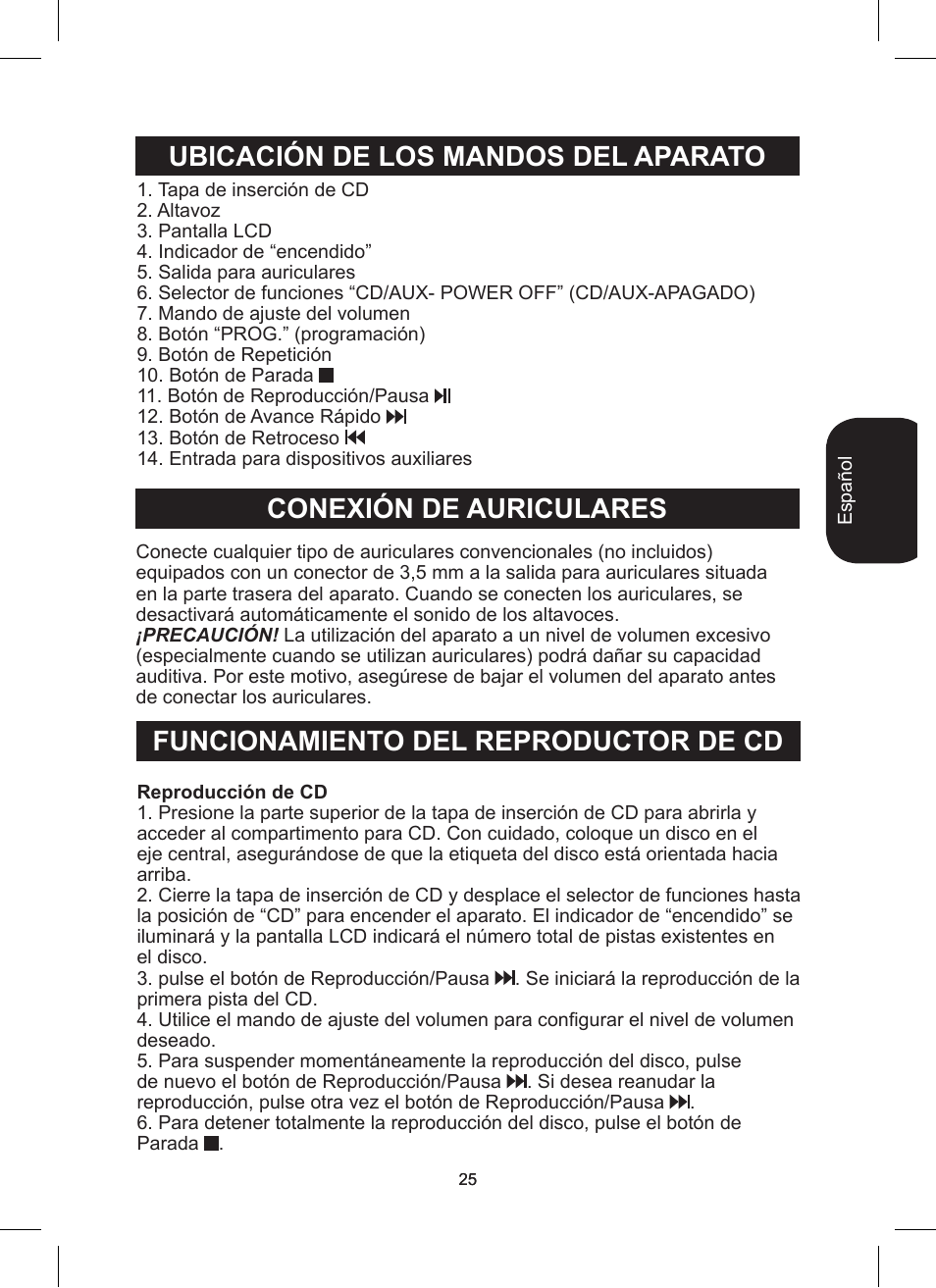 Funcionamiento del reproductor de cd | Lexibook RCD200TS User Manual | Page 25 / 54