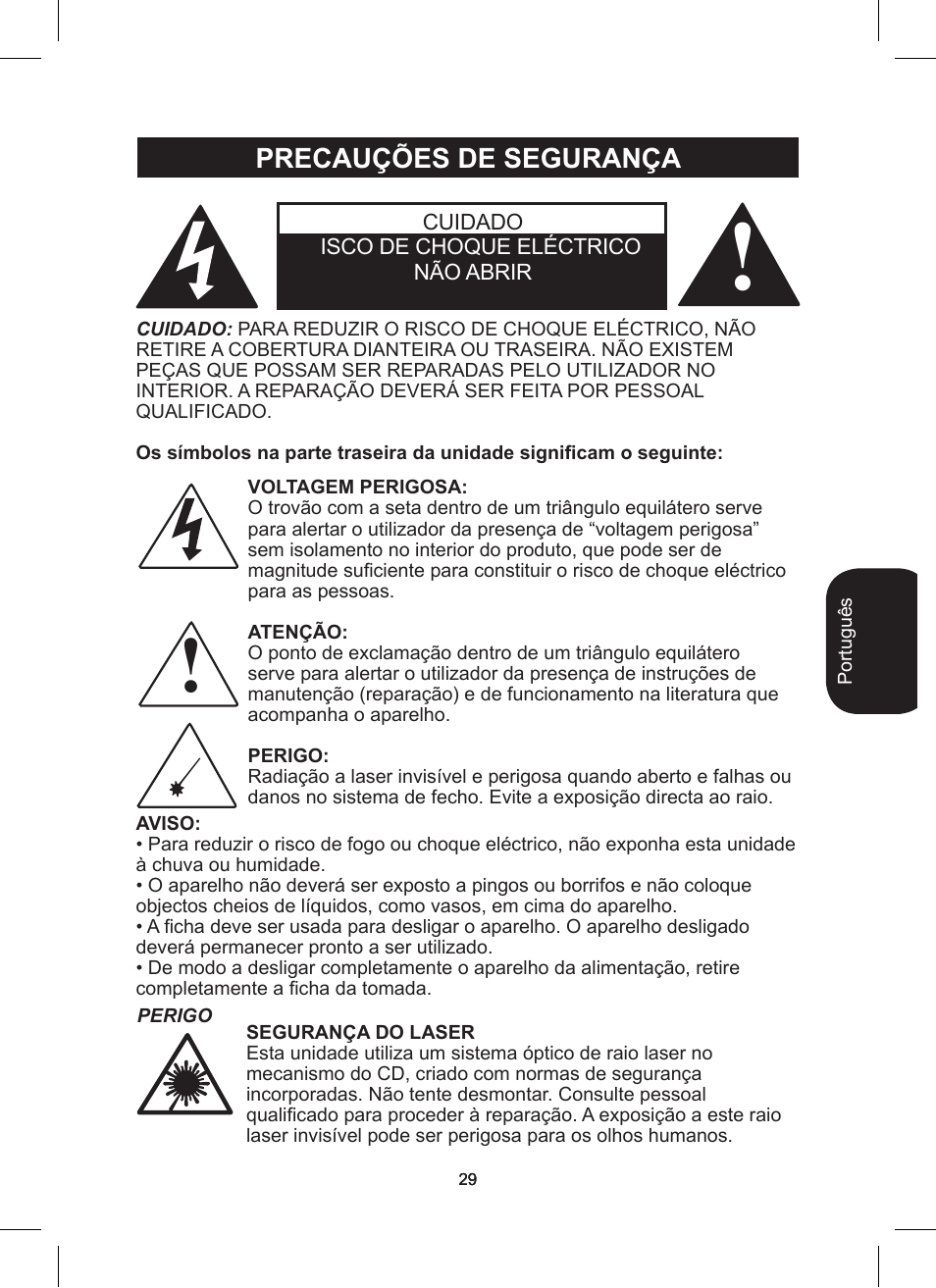 Precauções de segurança | Lexibook RCD200TS User Manual | Page 29 / 54