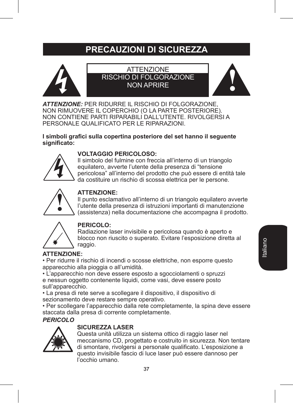 Precauzioni di sicurezza | Lexibook RCD200TS User Manual | Page 37 / 54