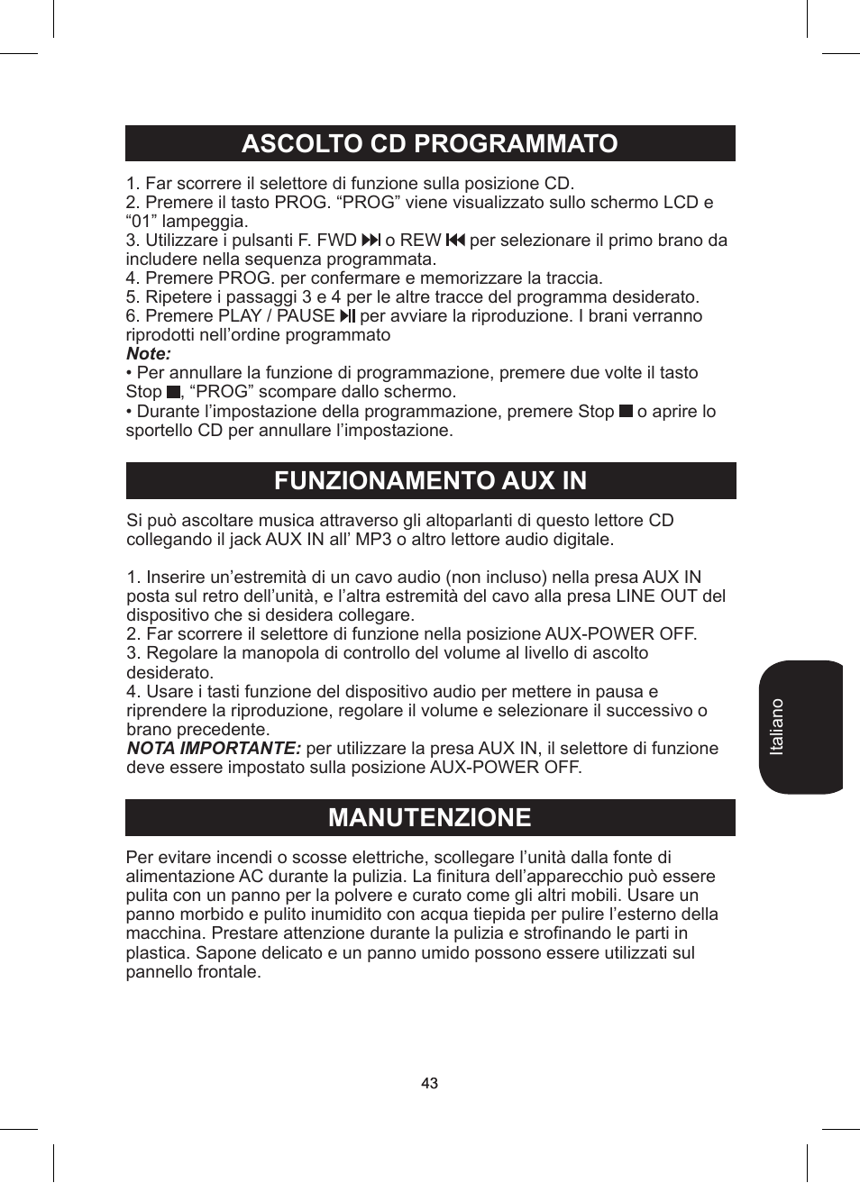 Ascolto cd programmato funzionamento aux in, Manutenzione | Lexibook RCD200TS User Manual | Page 43 / 54