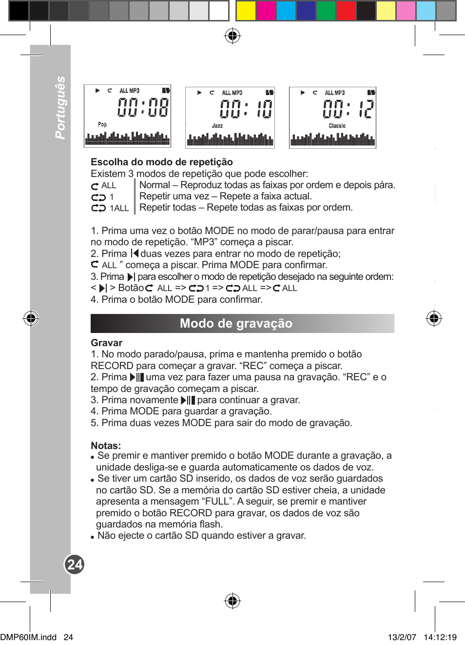 Modo de gravação, Função de repetição a-b, Função de apagar | Português | Lexibook DMP60BB User Manual | Page 24 / 44