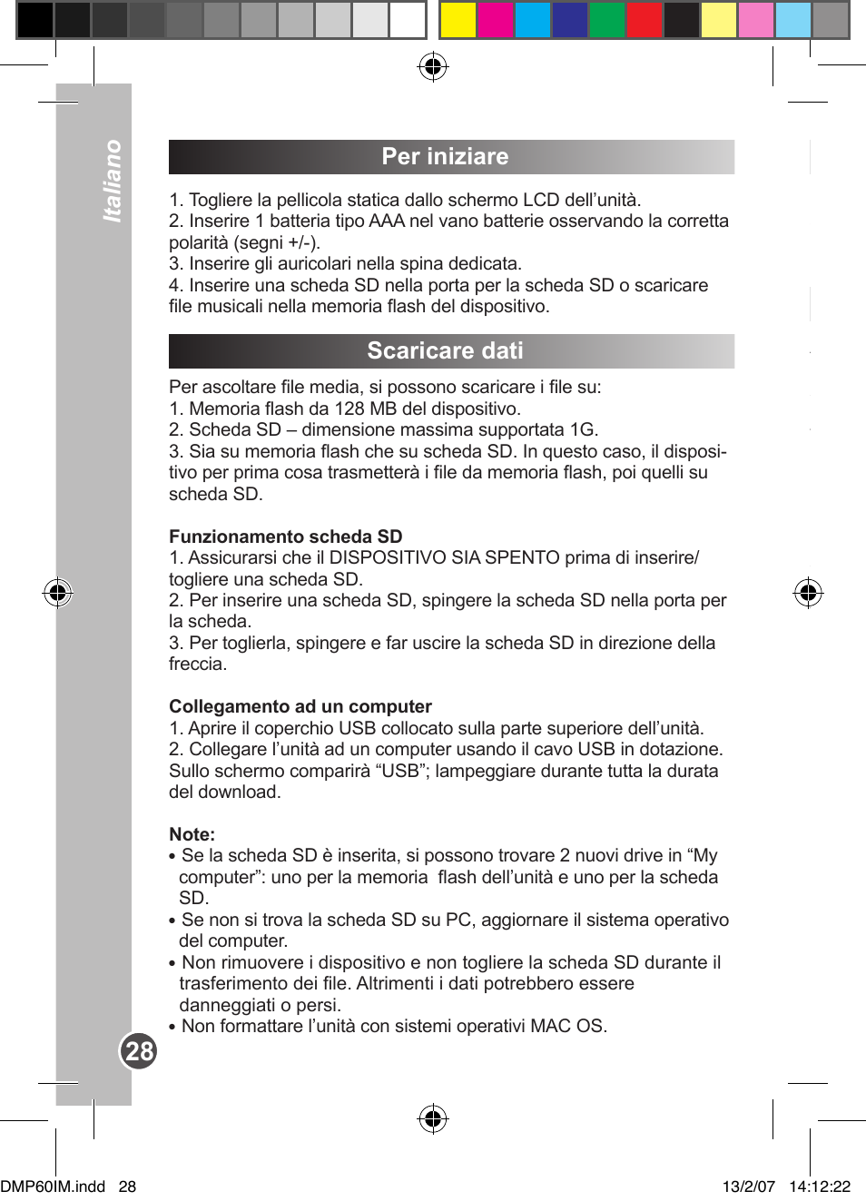 Per iniziare, Scaricare dati, Italiano | Lexibook DMP60BB User Manual | Page 28 / 44