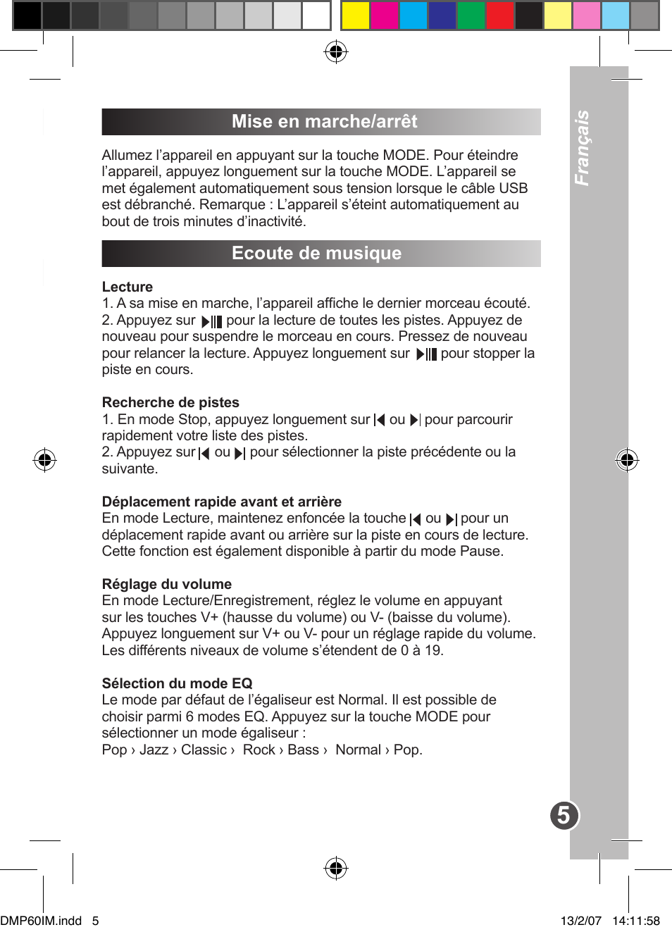 Téléchargement de fichiers, Mise en marche/arrêt, Ecoute de musique | Français | Lexibook DMP60BB User Manual | Page 5 / 44