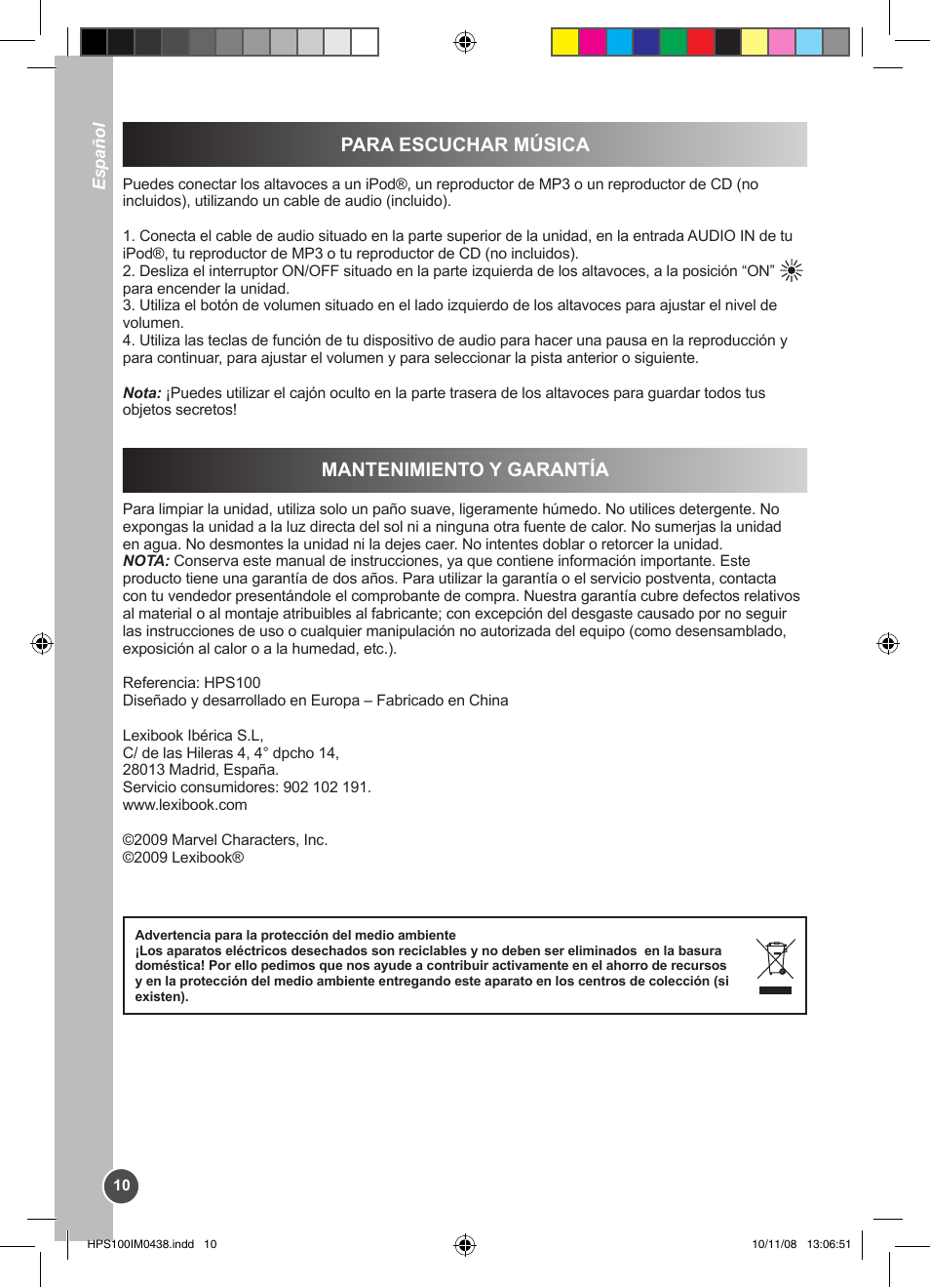 Mantenimiento y garantía para escuchar música | Lexibook HPS100 User Manual | Page 10 / 24