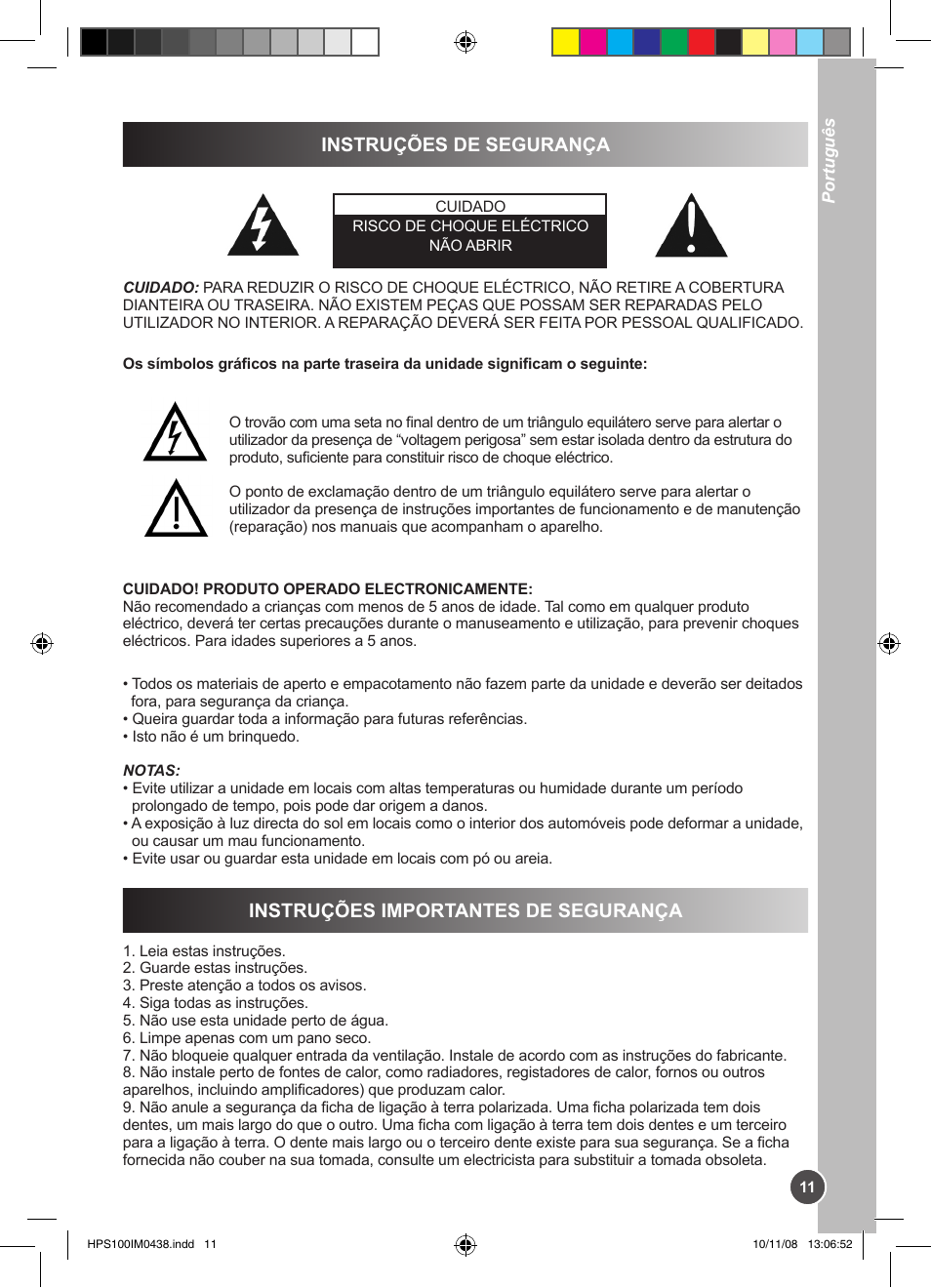 Instruções de segurança, Instruções importantes de segurança | Lexibook HPS100 User Manual | Page 11 / 24