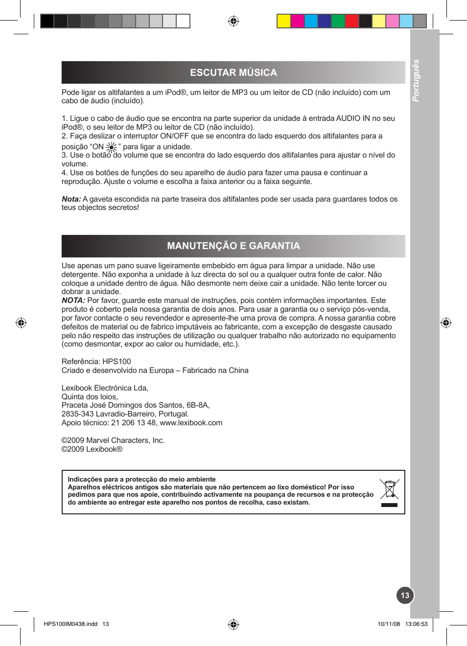 Manutenção e garantia escutar música | Lexibook HPS100 User Manual | Page 13 / 24