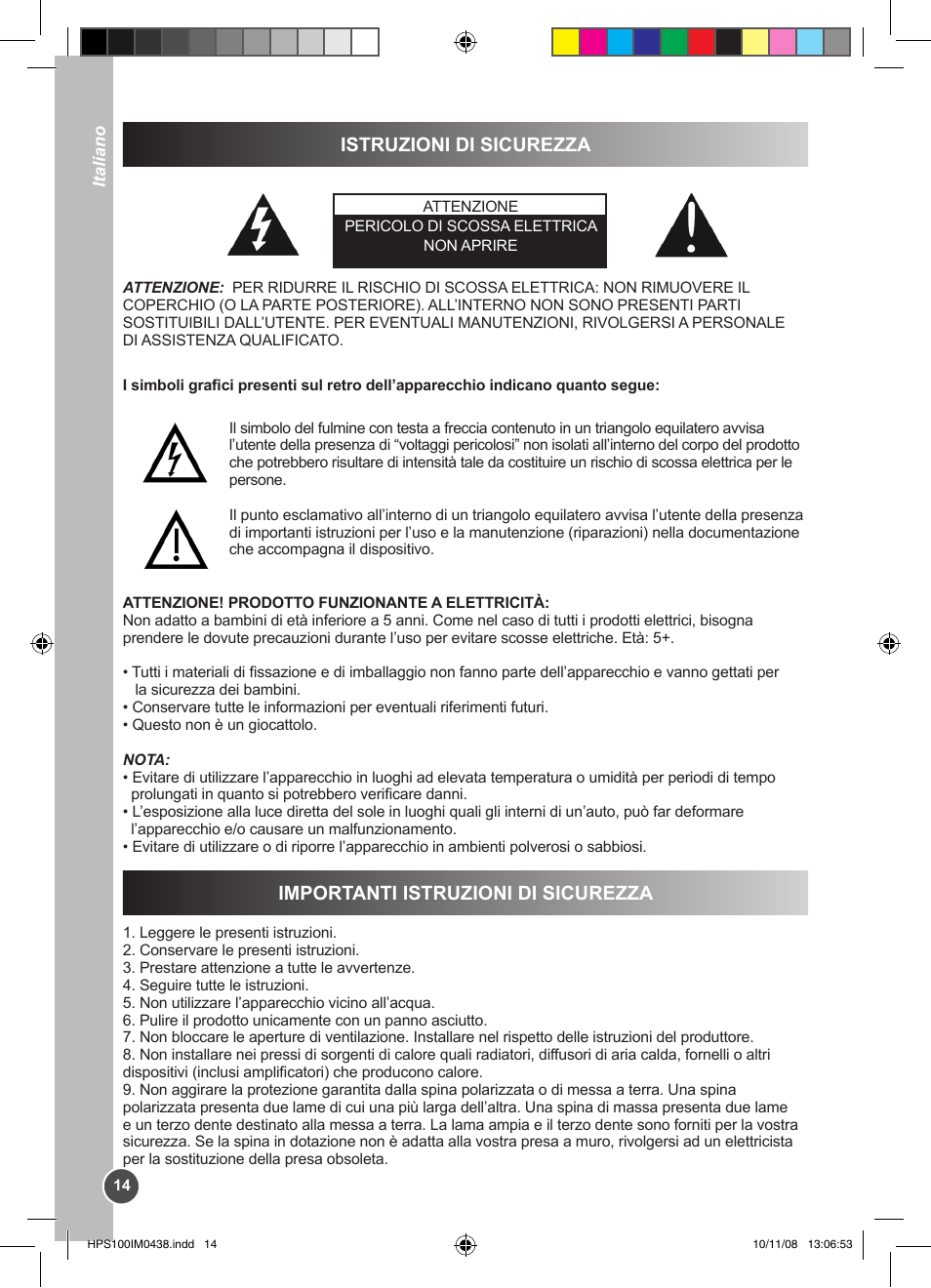 Istruzioni di sicurezza, Importanti istruzioni di sicurezza | Lexibook HPS100 User Manual | Page 14 / 24