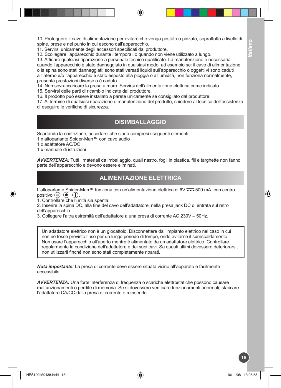 Disimballaggio, Alimentazione elettrica | Lexibook HPS100 User Manual | Page 15 / 24