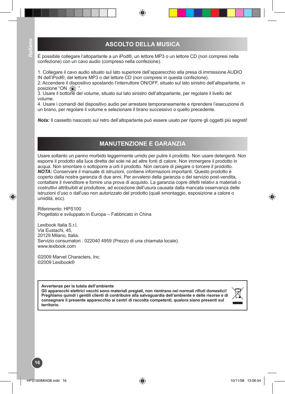 Manutenzione e garanzia ascolto della musica | Lexibook HPS100 User Manual | Page 16 / 24