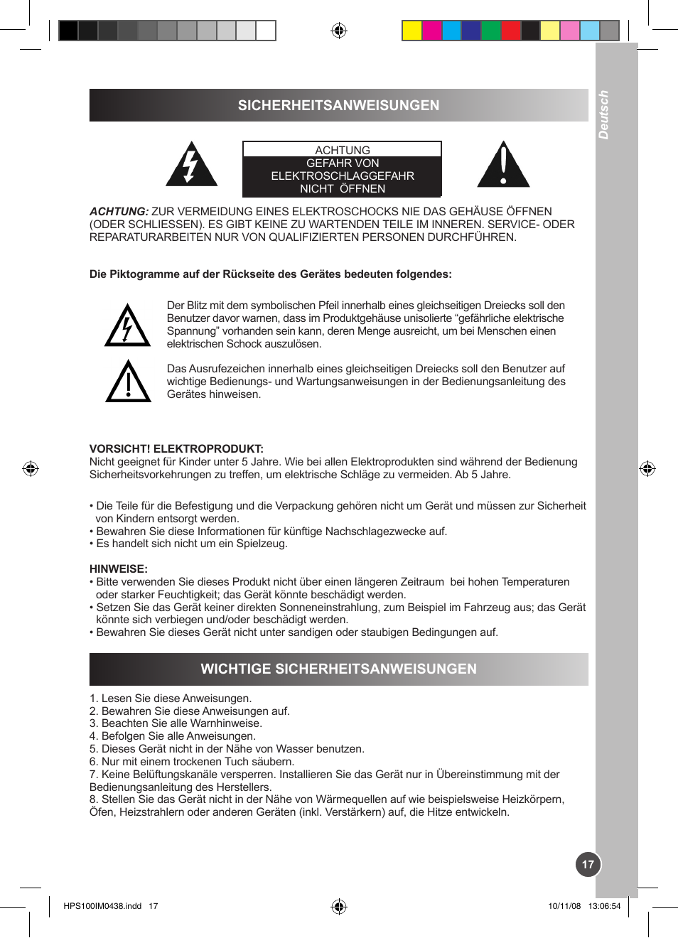 Sicherheitsanweisungen, Wichtige sicherheitsanweisungen | Lexibook HPS100 User Manual | Page 17 / 24