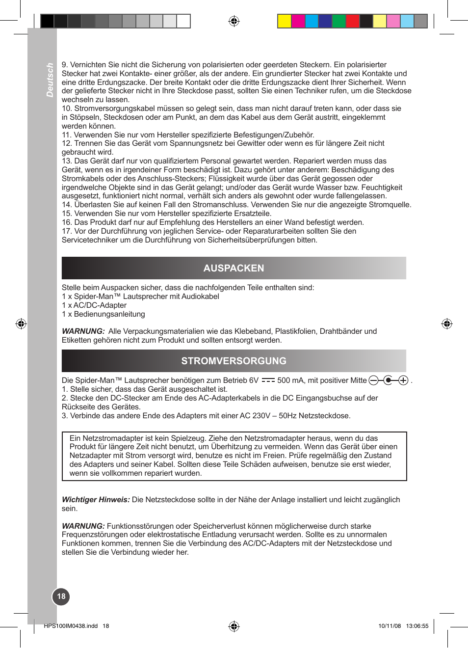 Auspacken, Stromversorgung | Lexibook HPS100 User Manual | Page 18 / 24