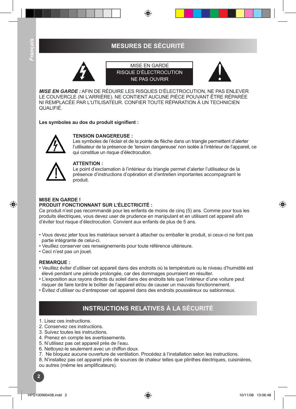 Mesures de sécurité, Instructions relatives à la sécurité | Lexibook HPS100 User Manual | Page 2 / 24