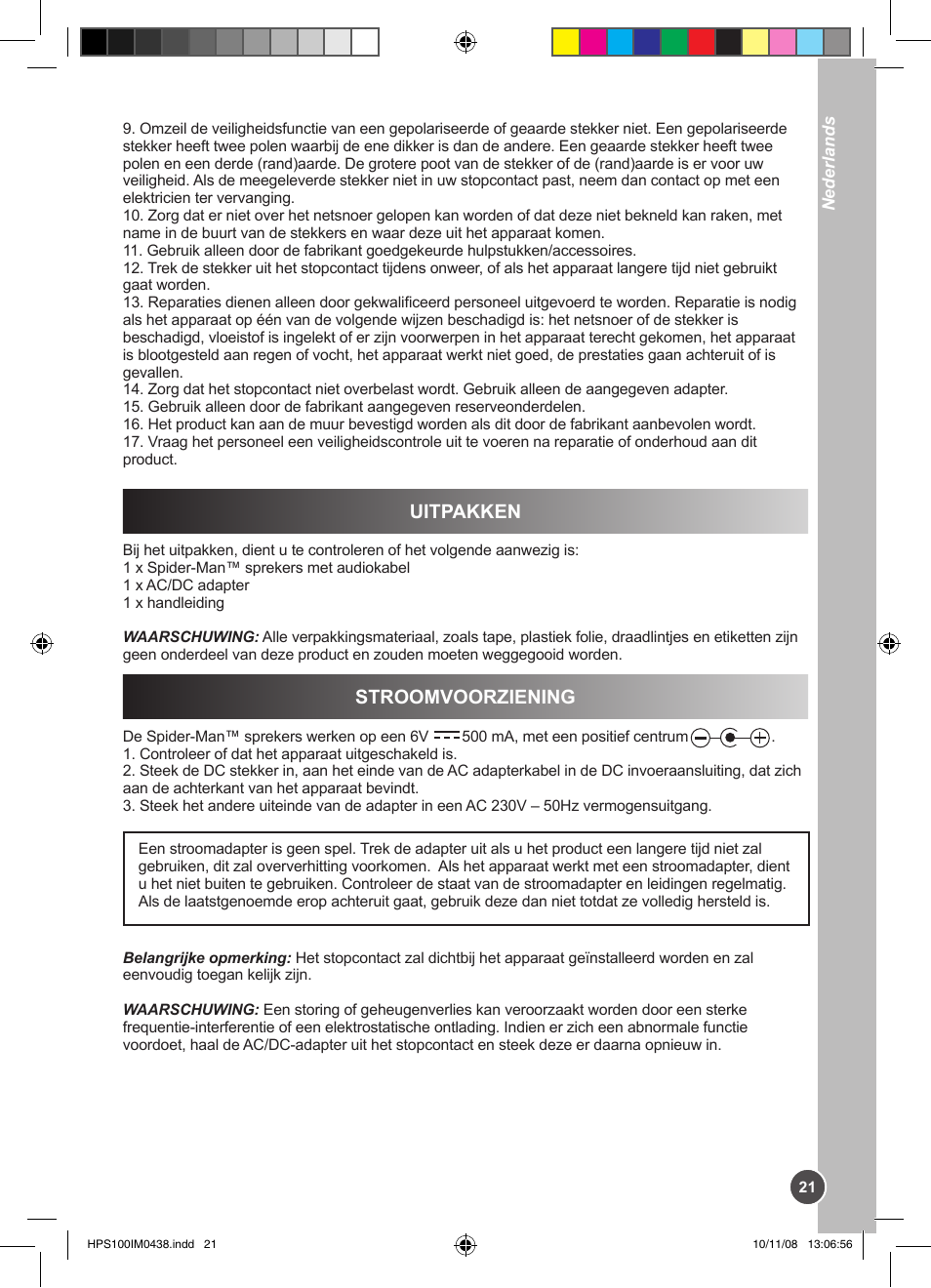 Uitpakken, Stroomvoorziening | Lexibook HPS100 User Manual | Page 21 / 24