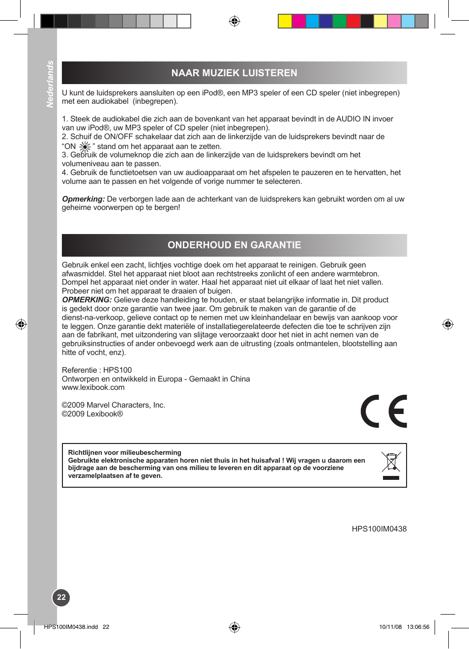 Onderhoud en garantie naar muziek luisteren | Lexibook HPS100 User Manual | Page 22 / 24
