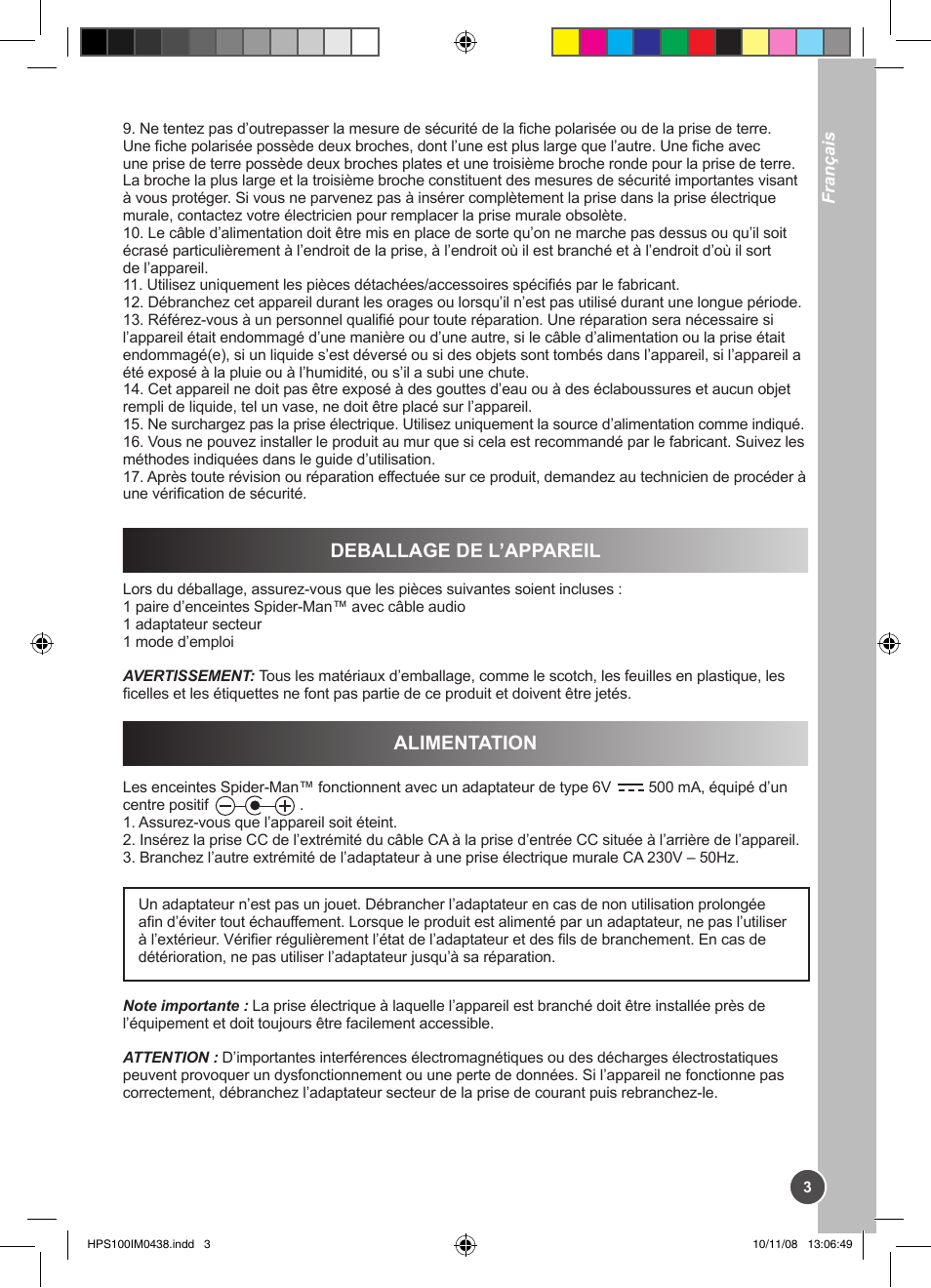 Deballage de l’appareil, Alimentation | Lexibook HPS100 User Manual | Page 3 / 24