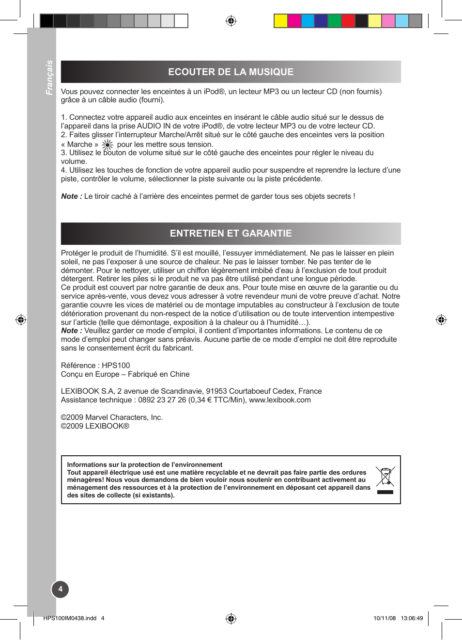 Entretien et garantie ecouter de la musique | Lexibook HPS100 User Manual | Page 4 / 24