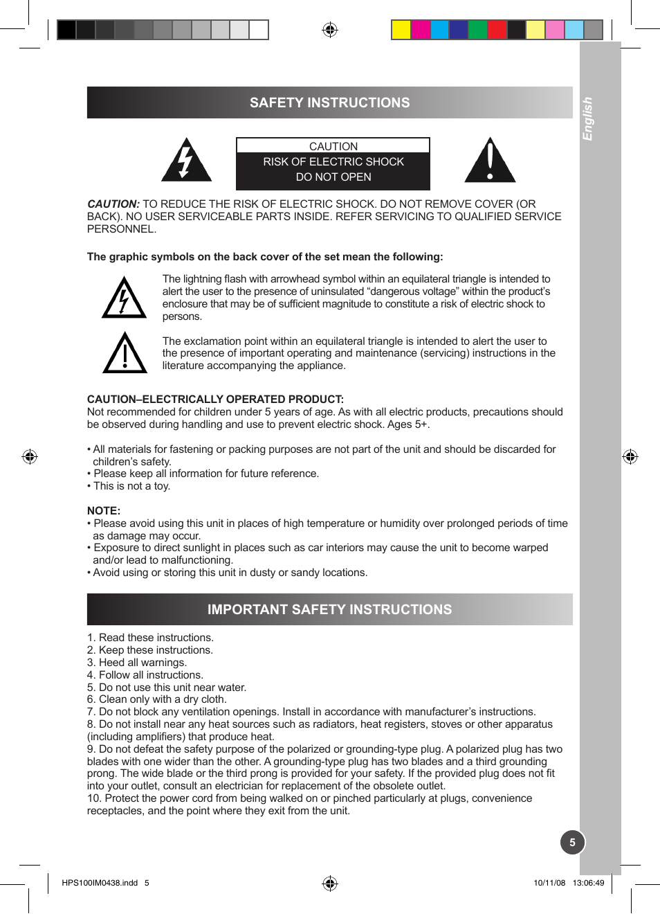 Safety instructions, Important safety instructions | Lexibook HPS100 User Manual | Page 5 / 24