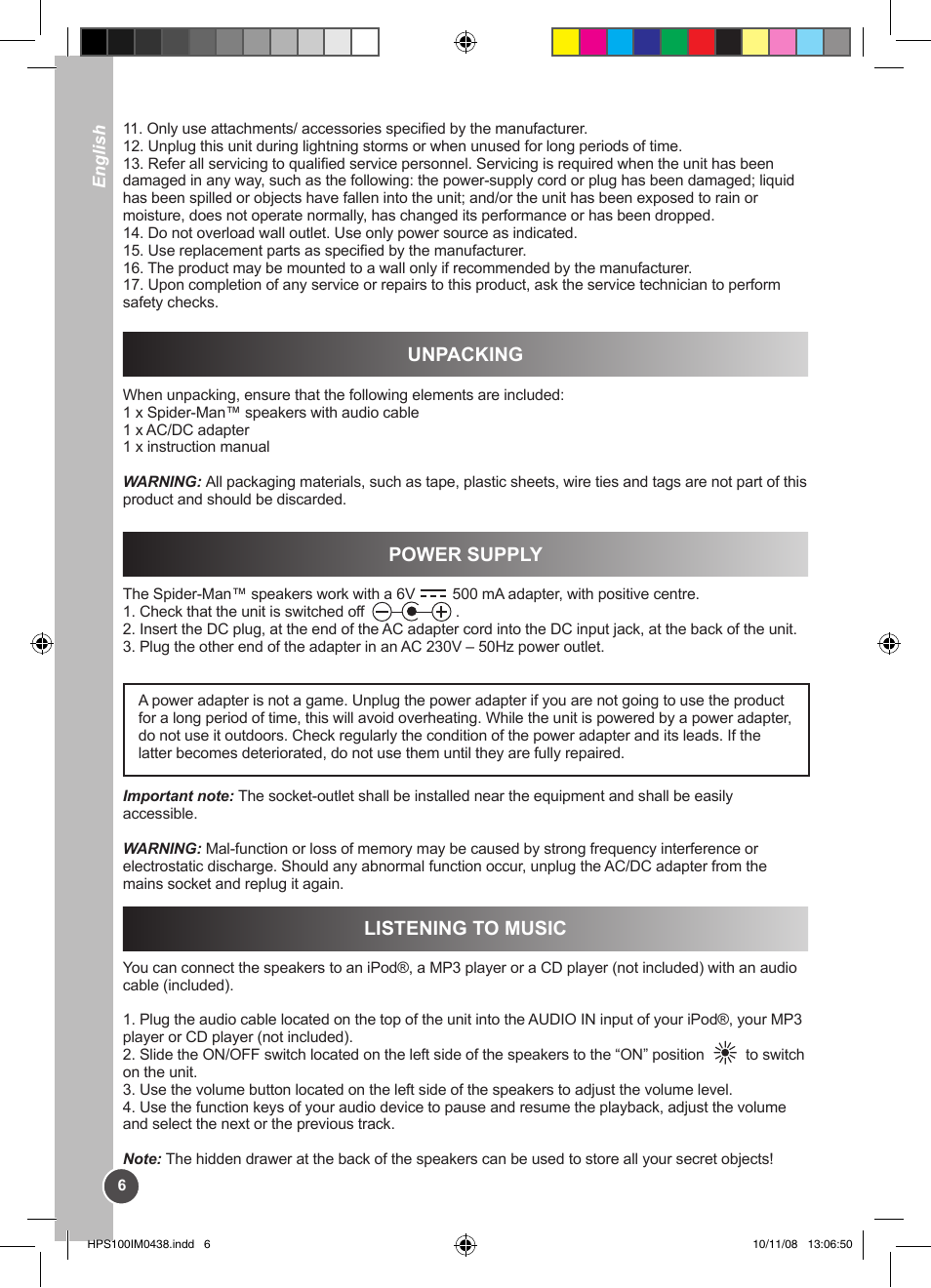 Unpacking, Power supply, Listening to music | Lexibook HPS100 User Manual | Page 6 / 24