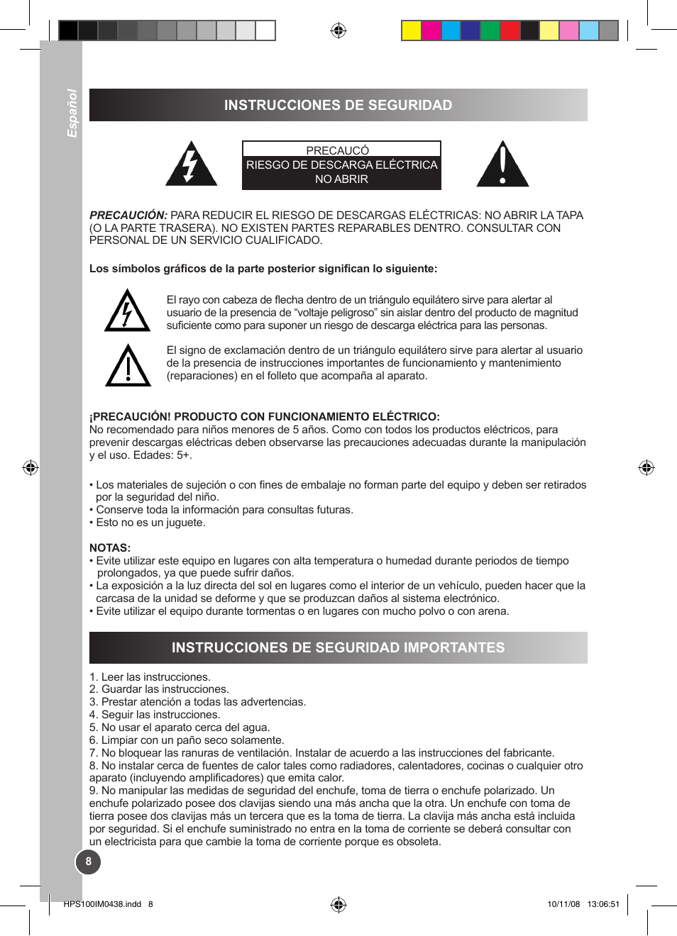Instrucciones de seguridad, Instrucciones de seguridad importantes | Lexibook HPS100 User Manual | Page 8 / 24