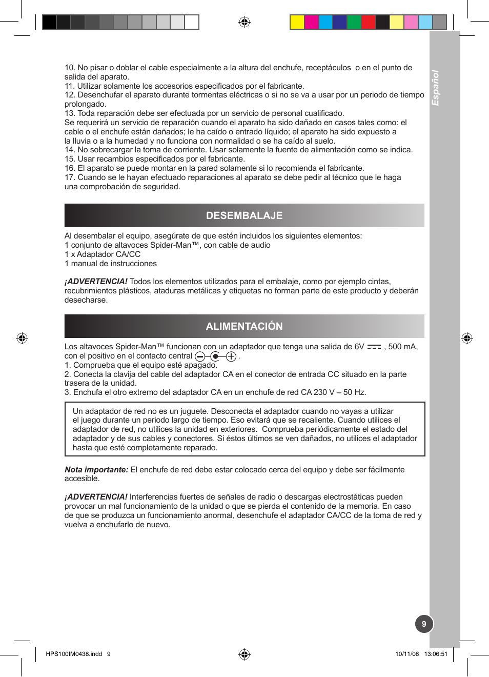 Desembalaje, Alimentación | Lexibook HPS100 User Manual | Page 9 / 24