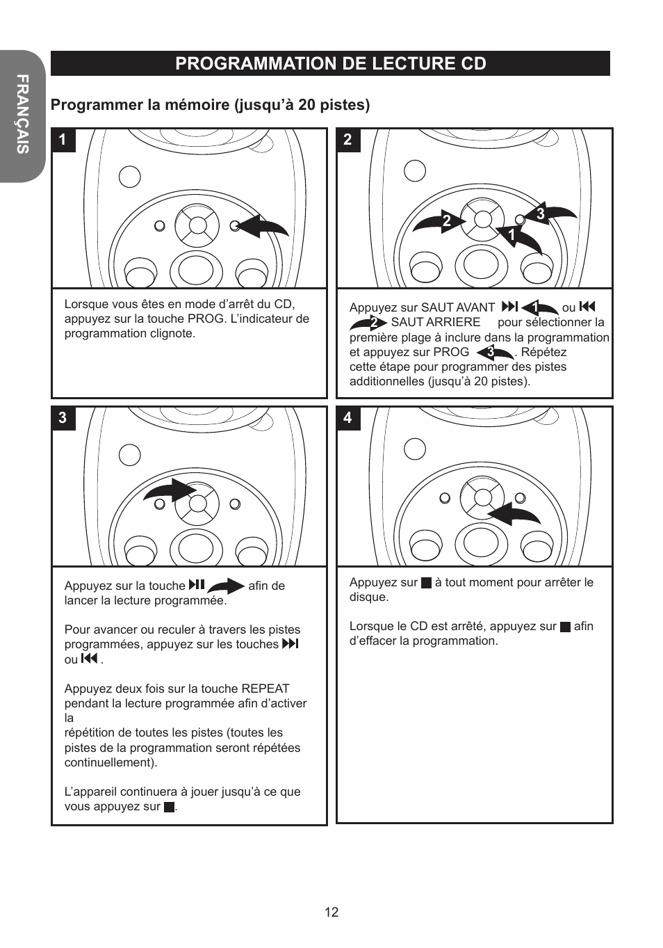 Programmation de lecture cd, Français, Programmer la mémoire (jusqu’à 20 pistes) | Lexibook K5000HM User Manual | Page 12 / 108
