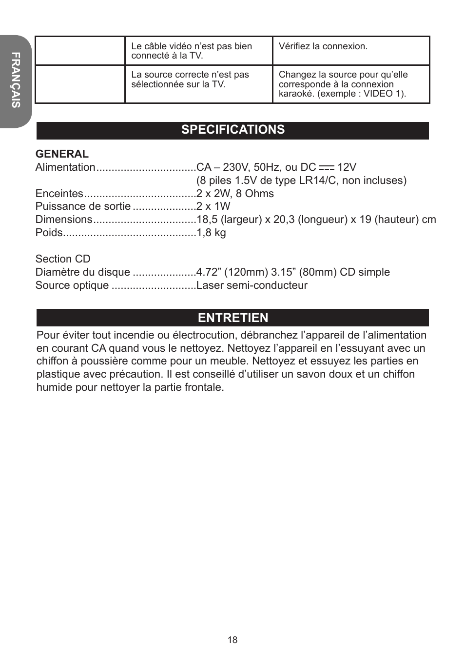 Entretien specifications | Lexibook K5000HM User Manual | Page 18 / 108