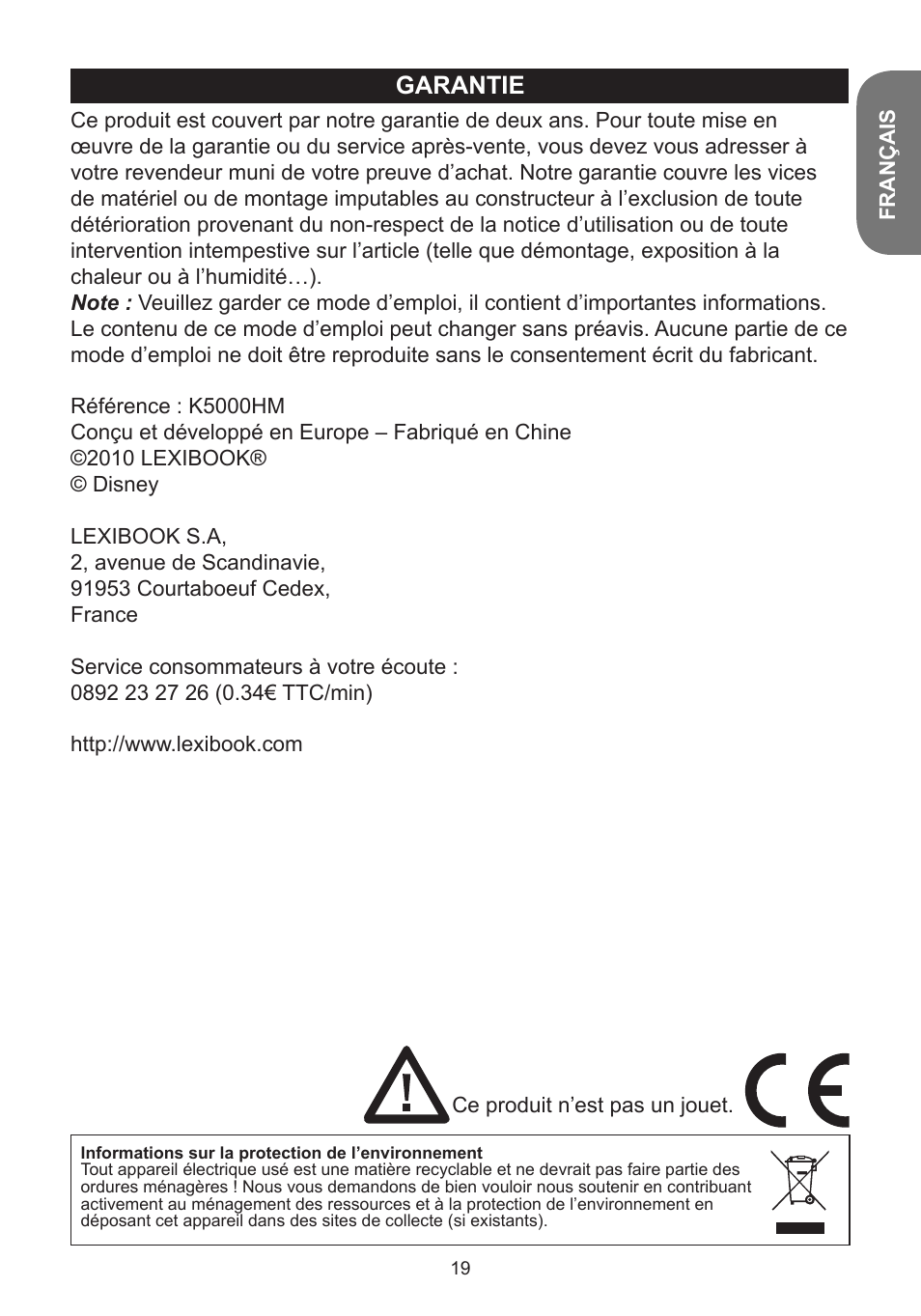 Garantie | Lexibook K5000HM User Manual | Page 19 / 108