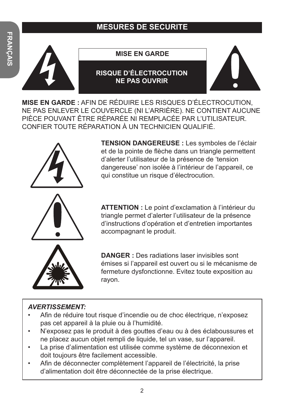 Mesures de securite | Lexibook K5000HM User Manual | Page 2 / 108