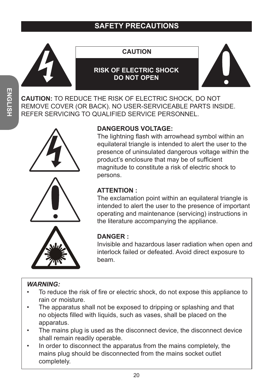 Safety precautions | Lexibook K5000HM User Manual | Page 20 / 108