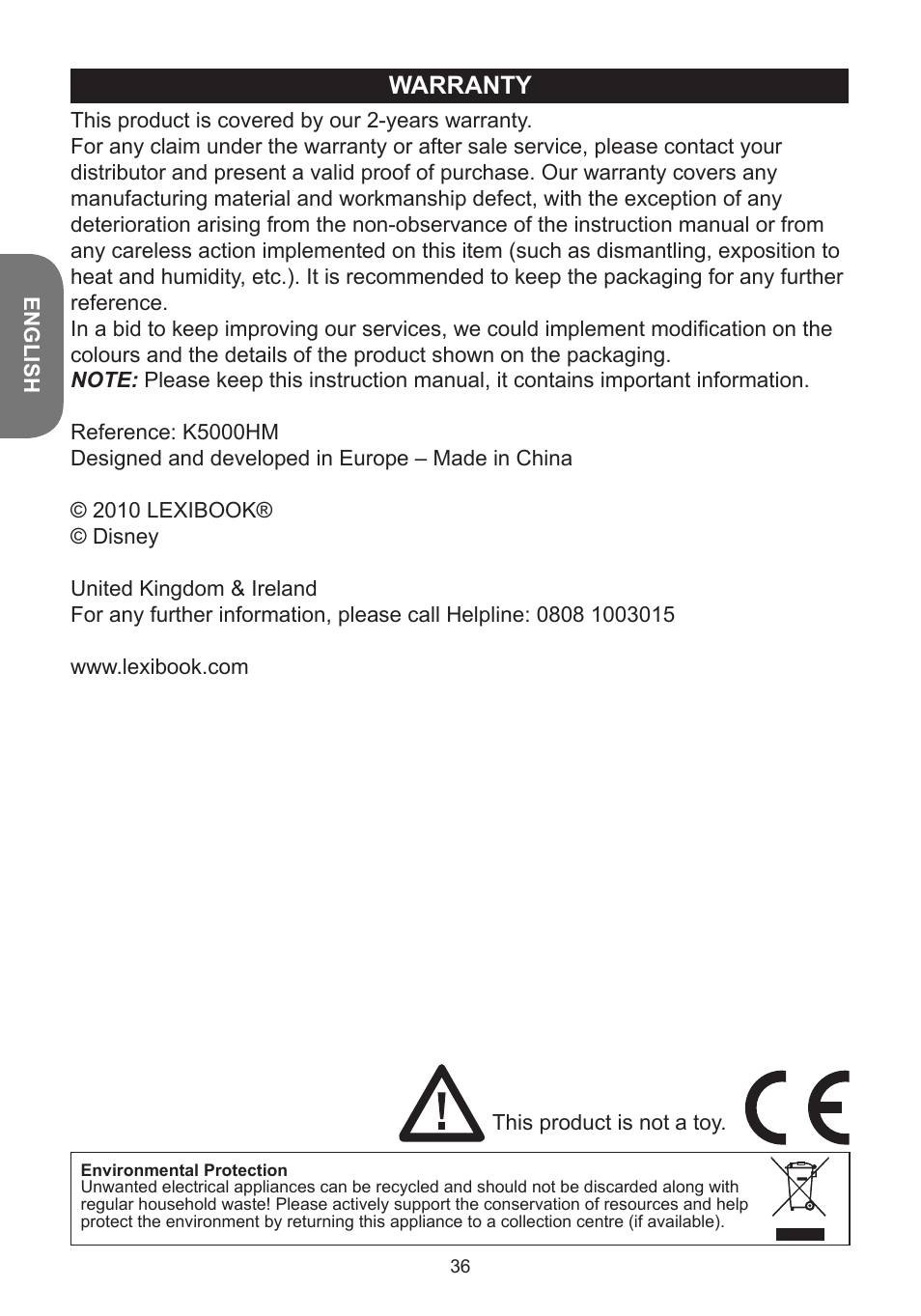 Warranty | Lexibook K5000HM User Manual | Page 36 / 108