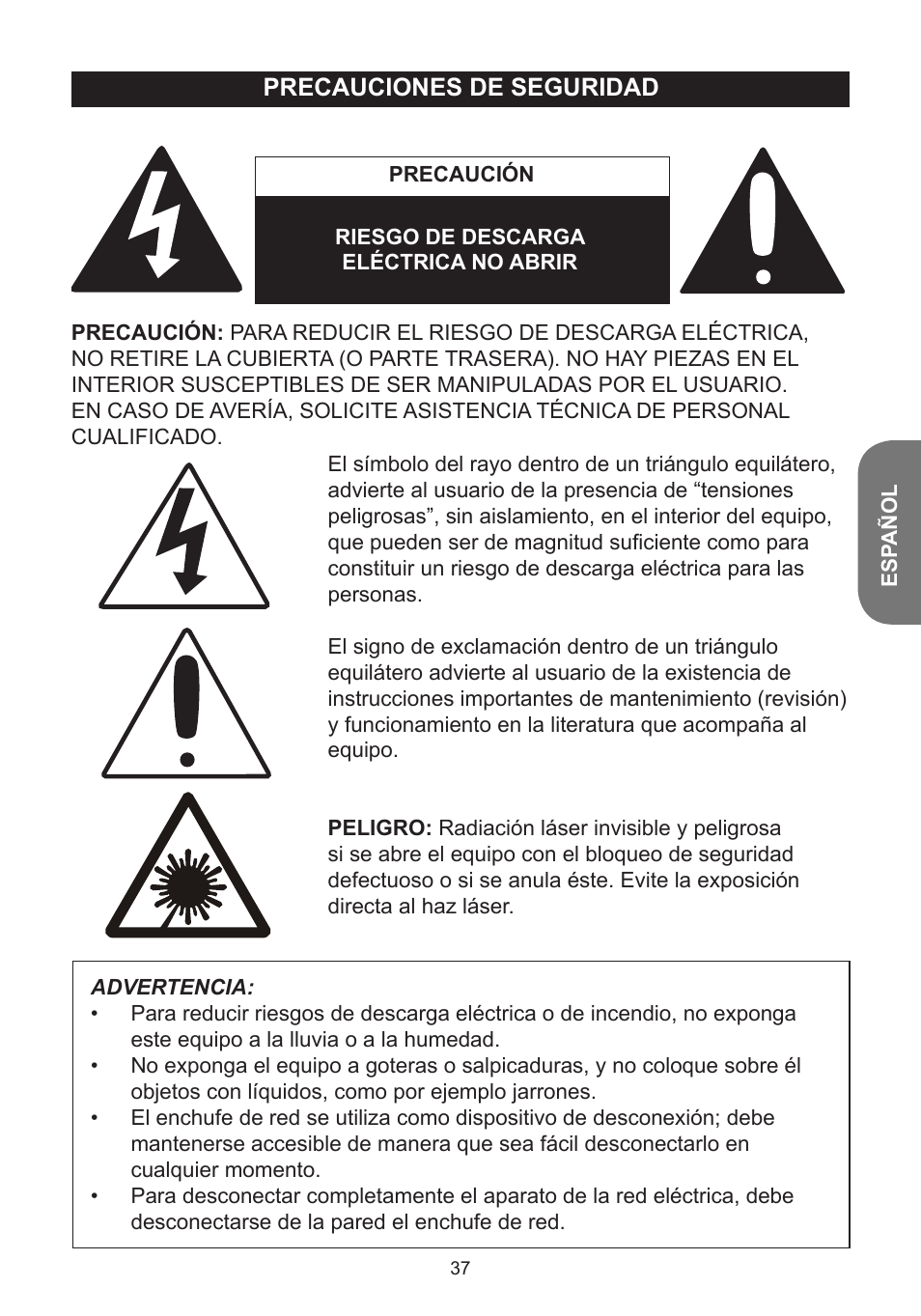 Precauciones de seguridad | Lexibook K5000HM User Manual | Page 37 / 108