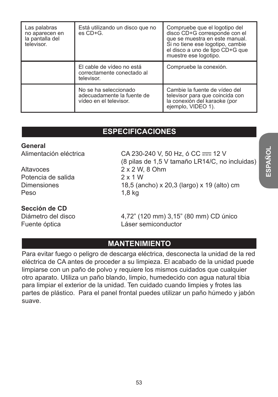 Mantenimiento especificaciones | Lexibook K5000HM User Manual | Page 53 / 108