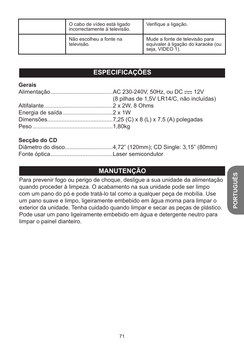 Manutenção especificações | Lexibook K5000HM User Manual | Page 71 / 108