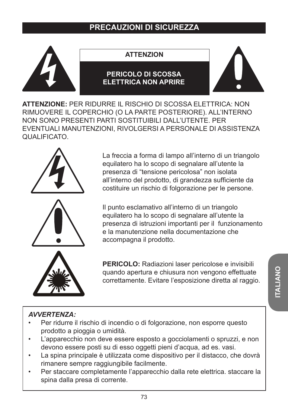 Precauzioni di sicurezza | Lexibook K5000HM User Manual | Page 73 / 108