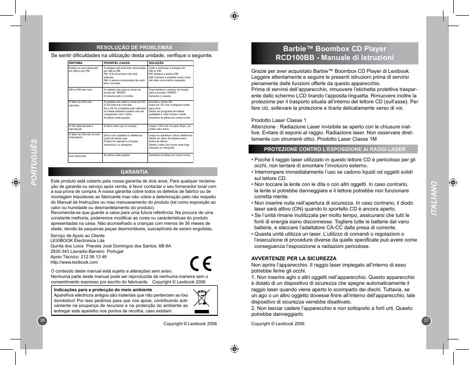Por tuguês, It aliano | Lexibook RCD100BB User Manual | Page 19 / 32