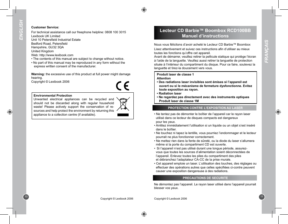 English, Français | Lexibook RCD100BB User Manual | Page 6 / 32