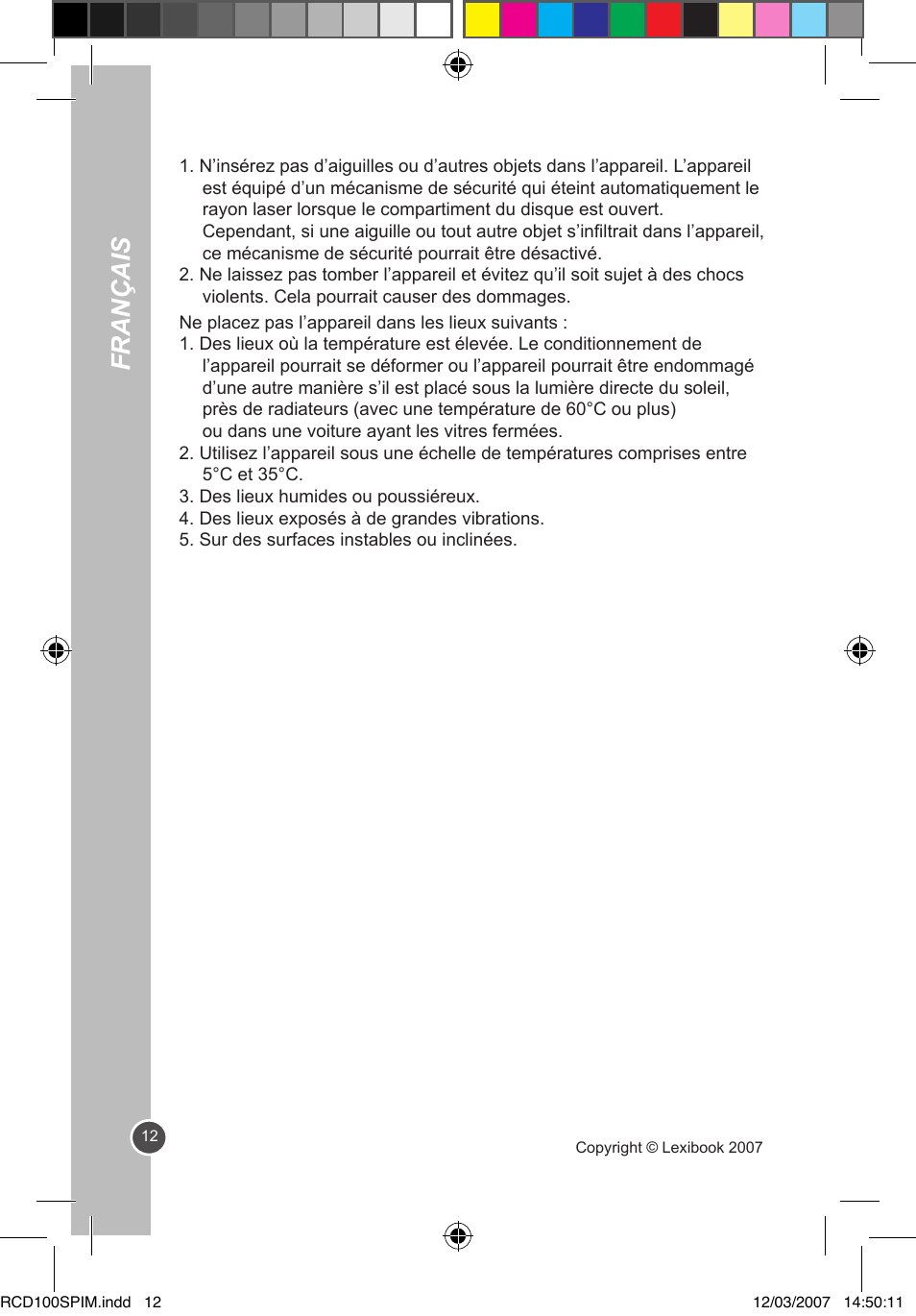 Français | Lexibook RCD100SP User Manual | Page 12 / 62
