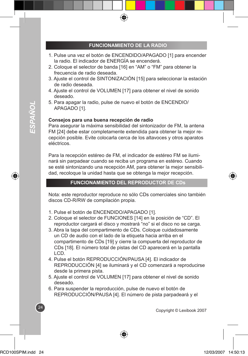 Esp añol | Lexibook RCD100SP User Manual | Page 24 / 62