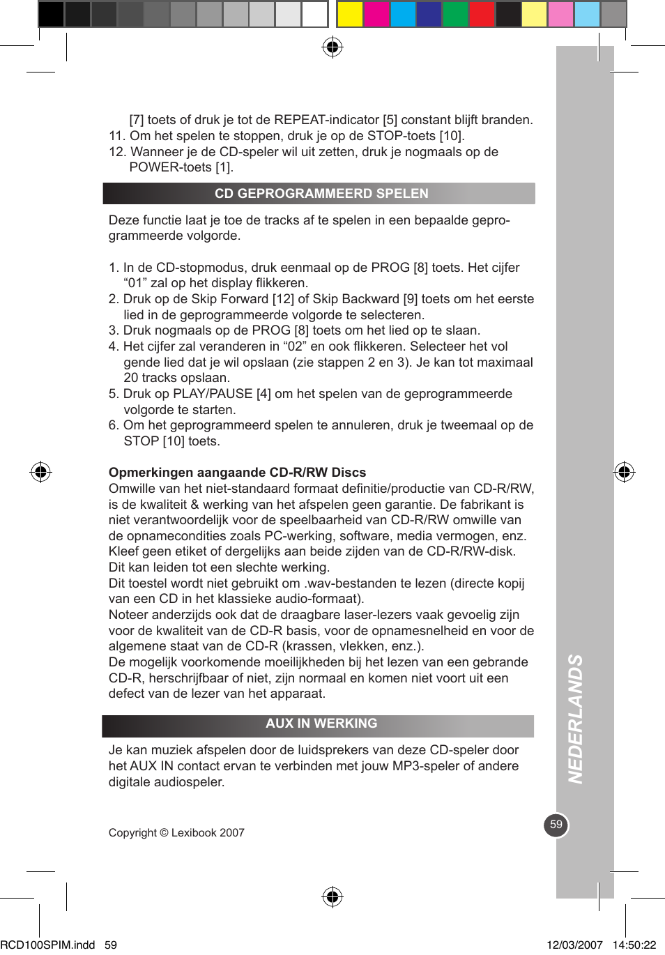 Nederlands | Lexibook RCD100SP User Manual | Page 59 / 62