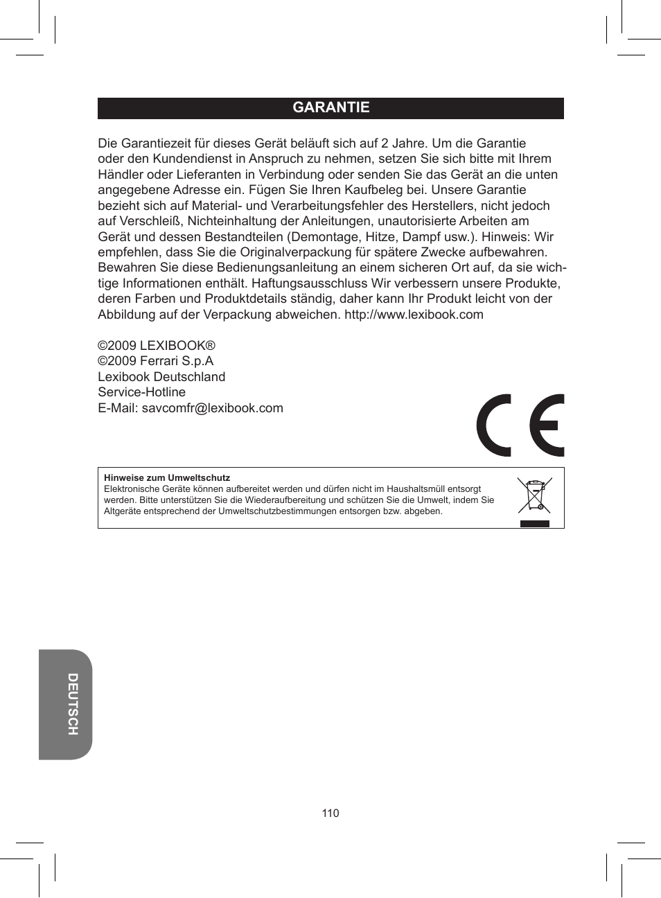 Garantie | Lexibook RCD150FE User Manual | Page 110 / 130