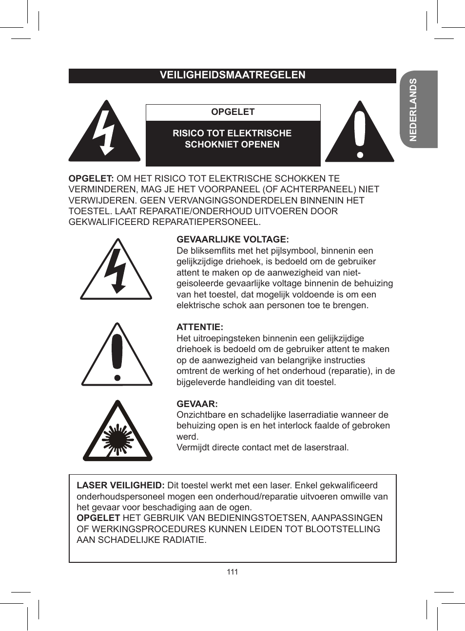 Veiligheidsmaatregelen | Lexibook RCD150FE User Manual | Page 111 / 130