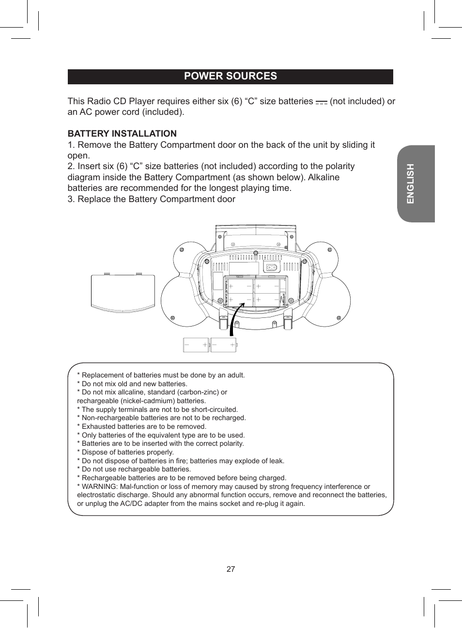 Power sources | Lexibook RCD150FE User Manual | Page 27 / 130