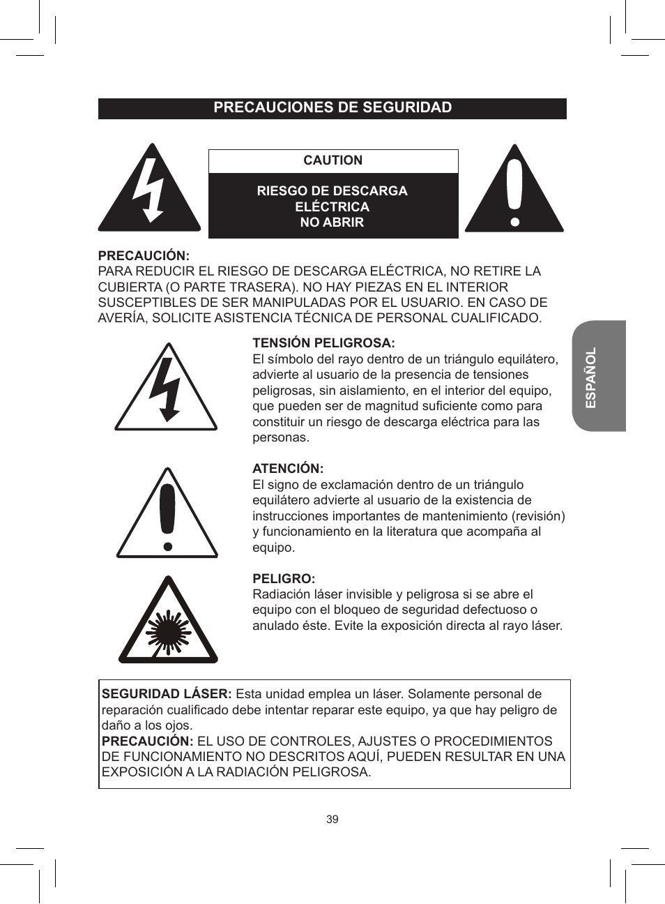 Precauciones de seguridad | Lexibook RCD150FE User Manual | Page 39 / 130