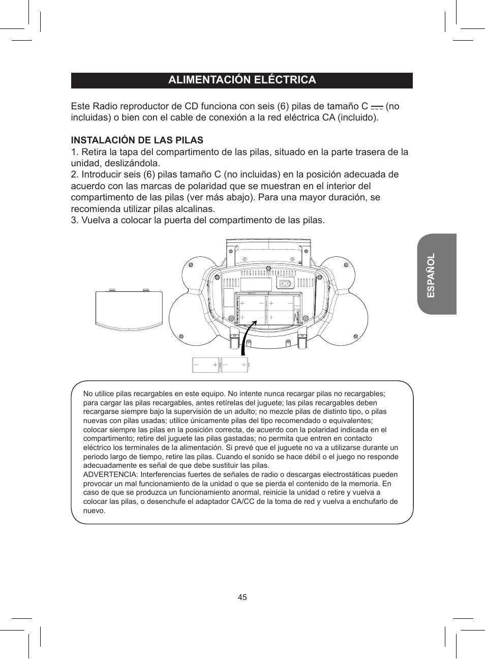 Alimentación eléctrica | Lexibook RCD150FE User Manual | Page 45 / 130