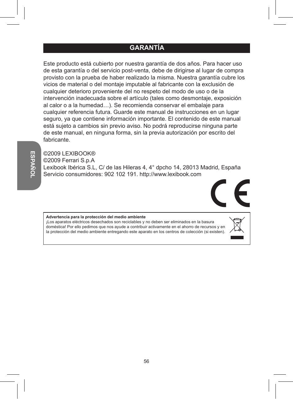 Garantía | Lexibook RCD150FE User Manual | Page 56 / 130