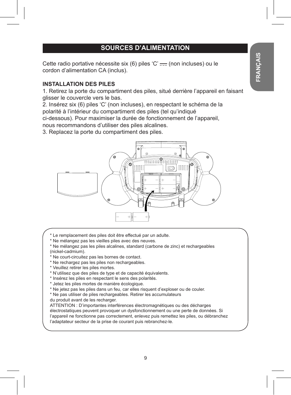 Sources d’alimentation | Lexibook RCD150FE User Manual | Page 9 / 130