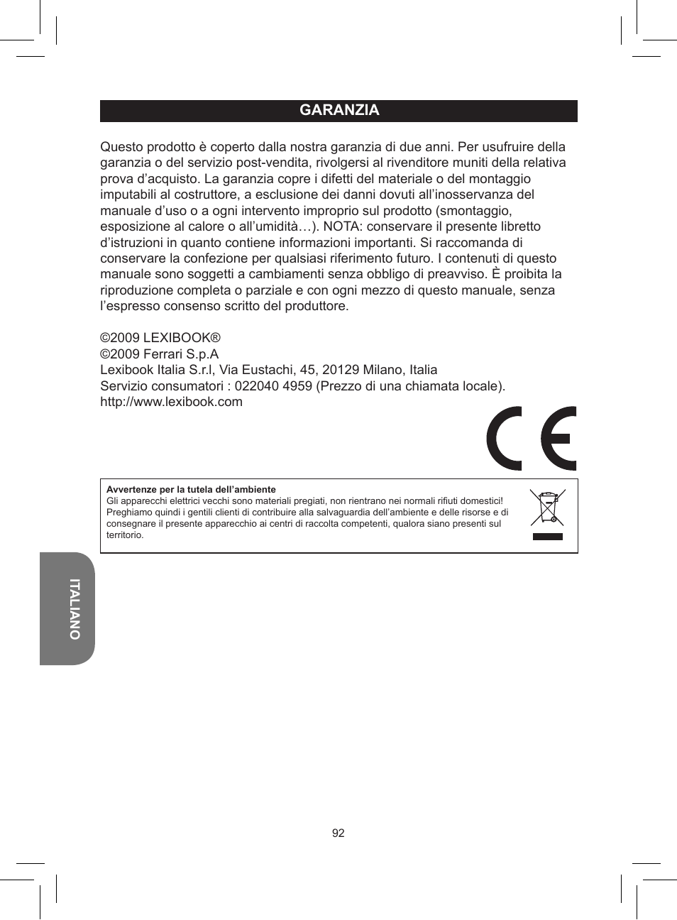 Garanzia | Lexibook RCD150FE User Manual | Page 92 / 130