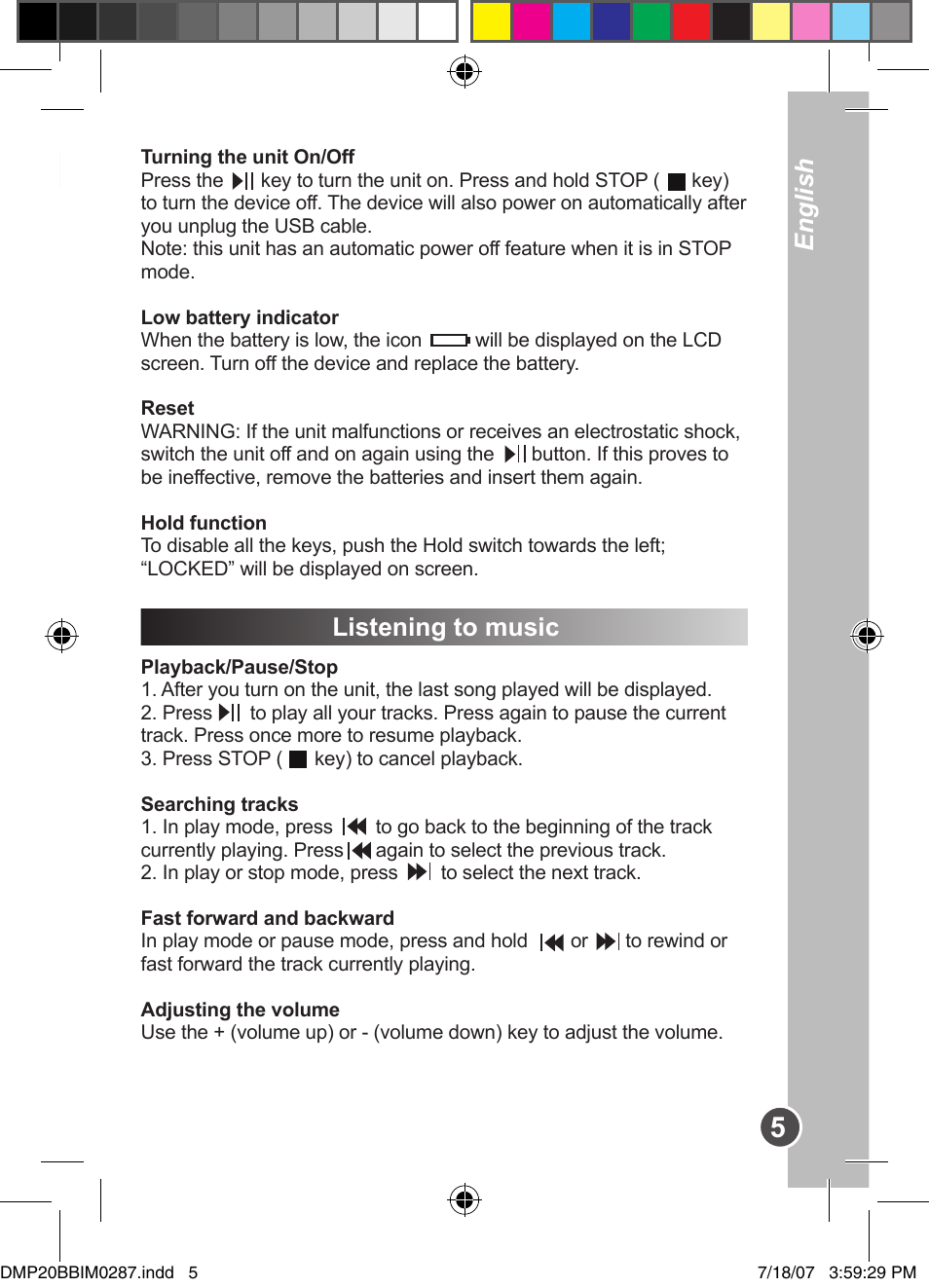 English, Listening to music | Lexibook DMP20BB/DMP23BB User Manual | Page 5 / 8