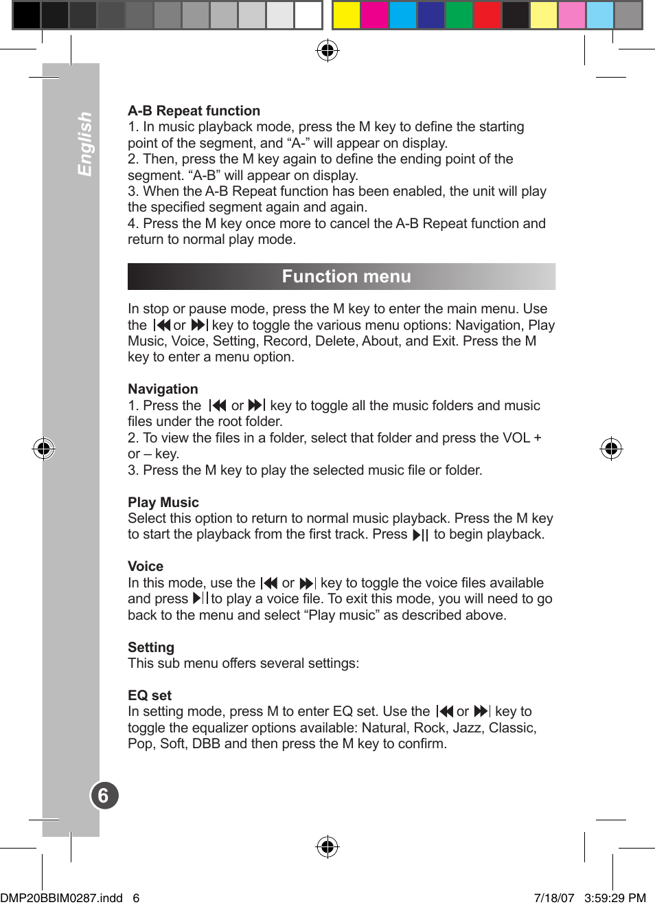 English, Function menu | Lexibook DMP20BB/DMP23BB User Manual | Page 6 / 8